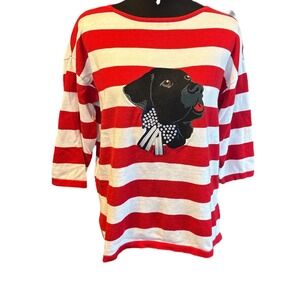 Bua Bua Red & White Striped 3/4 Sleeve Sweater With Black Lab, Size Medium
